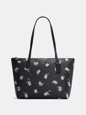 Coach Zip Top Tote Bag With Snowman Print